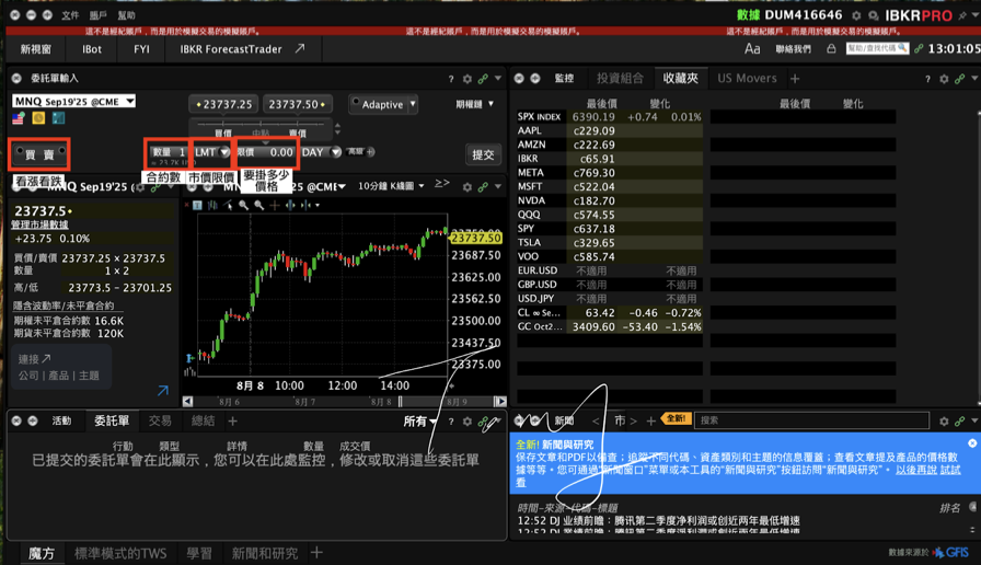 IB TWS軟體_下單選項:做空/做多、市價/限價、合約數、