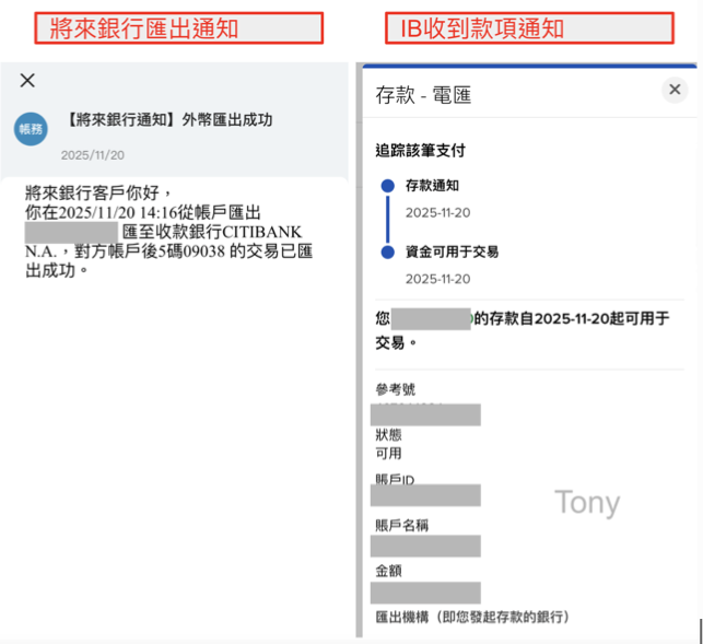 將來銀行電匯到帳時間：實測1小時成功匯出、再等個半小時 IB 這邊也收到入帳通知